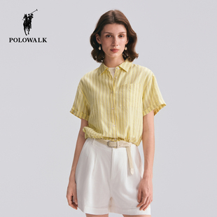 [特惠]【含亚麻】POLOWALK女式短袖衬衫撞色条纹显瘦衬衣