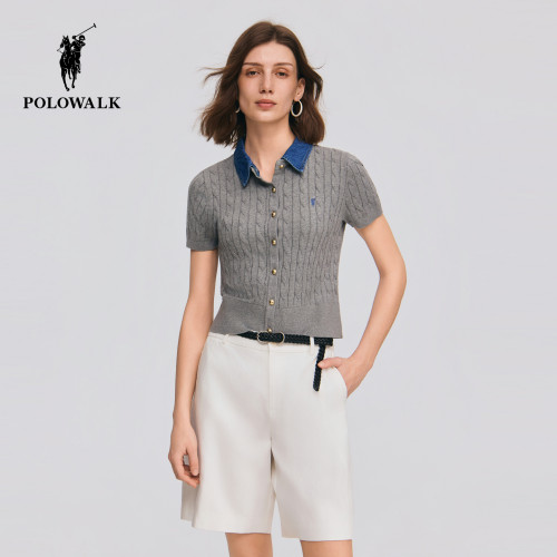 POLOWALK女式短袖针织衫2026夏季新品时尚牛仔翻领显瘦绞花针织衫