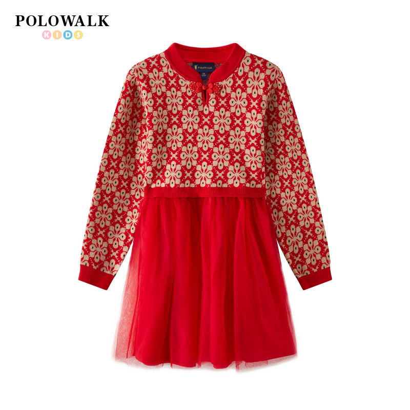 POLOWALK童装女童连衣裙春季红色毛衣千鸟格针织裙子