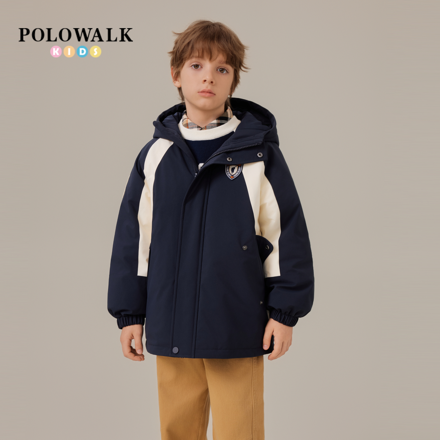 POLOWALK童装男童羽绒服2025冬季新品时尚撞色连帽保暖85鸭绒外套