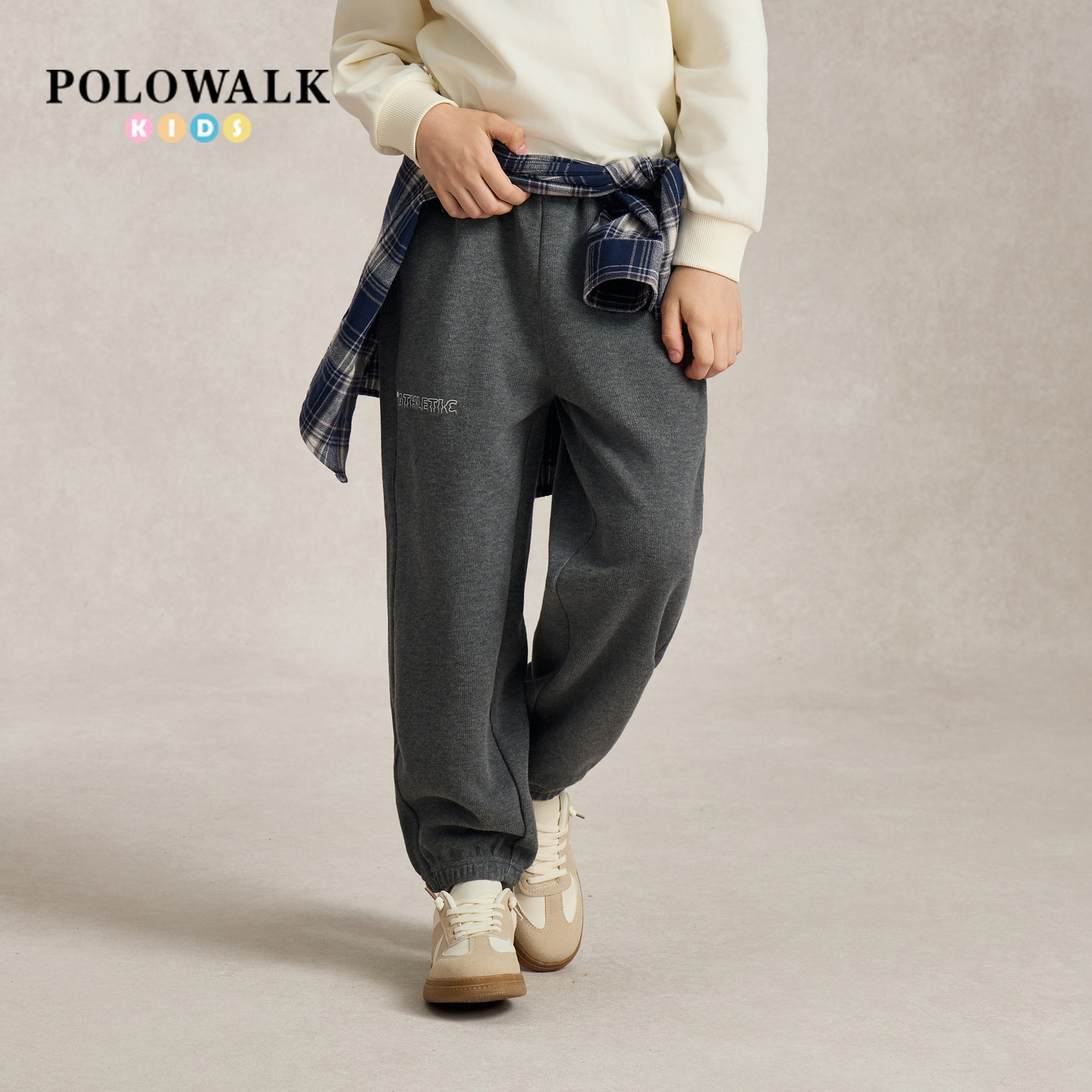 POLOWALK男童卫裤2026秋季新品字母印花松紧腰束脚裤磨毛纯色长裤