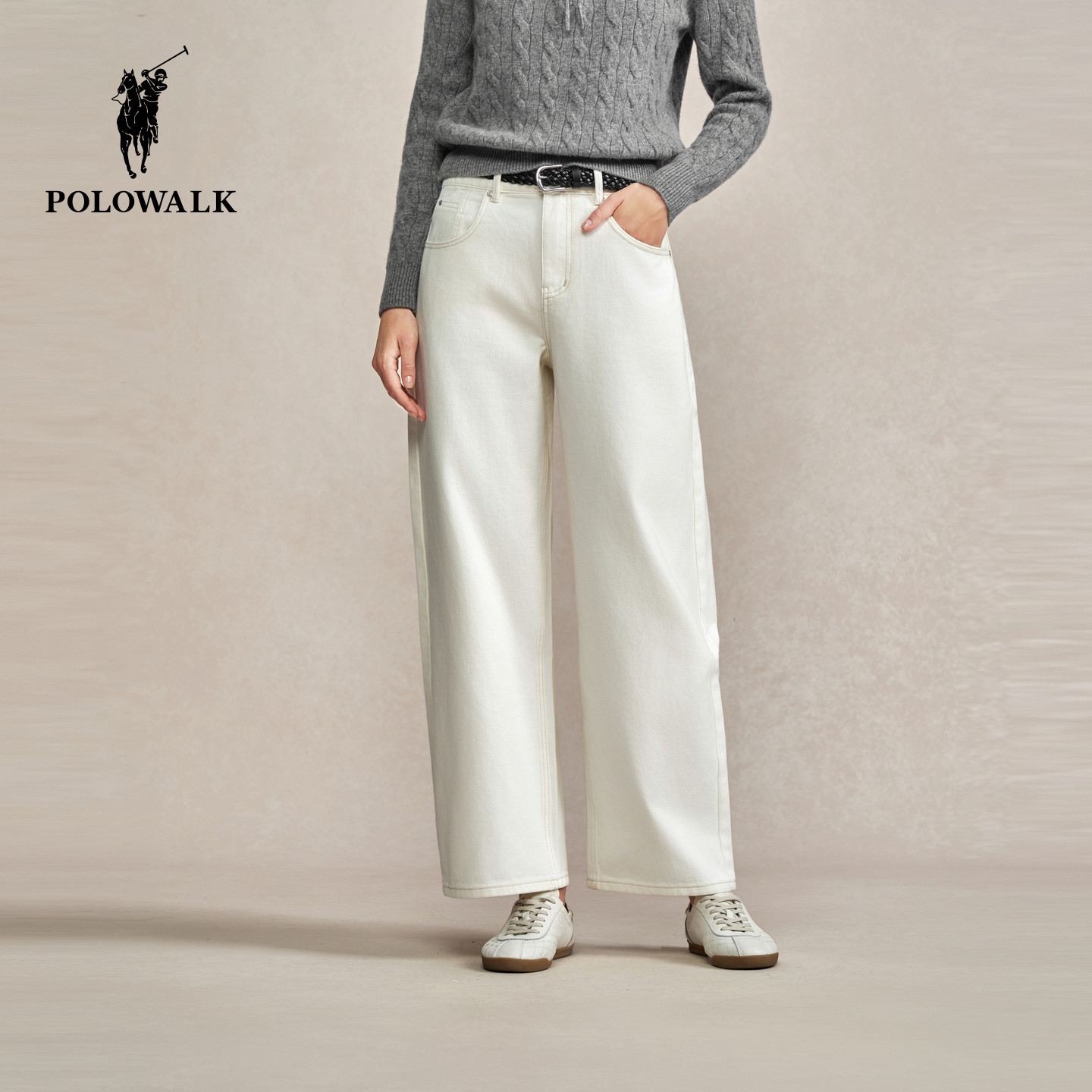【100%棉】POLOWALK女式休闲裤2025秋季新品经典直筒百搭阔腿长裤