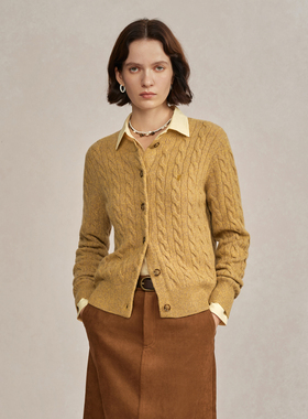 POLOWALK羊毛针织开衫女秋冬款绞花100%绵羊毛针织衫毛衣