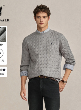 POLOWALK男式针织衫2025秋季新品时尚绞花圆领包芯纱套头针织衫男