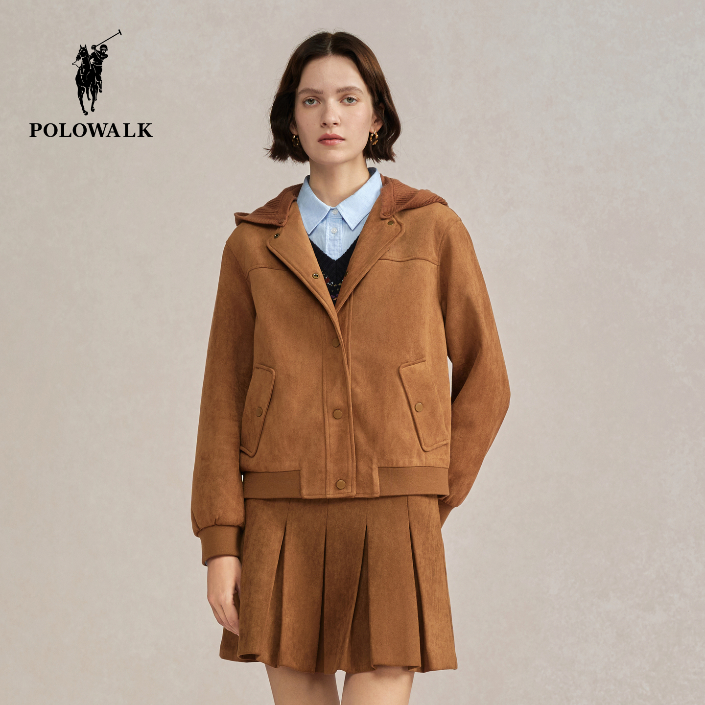 POLOWALK女式外套2025秋季新品时尚百搭复古休闲通勤连帽外套女