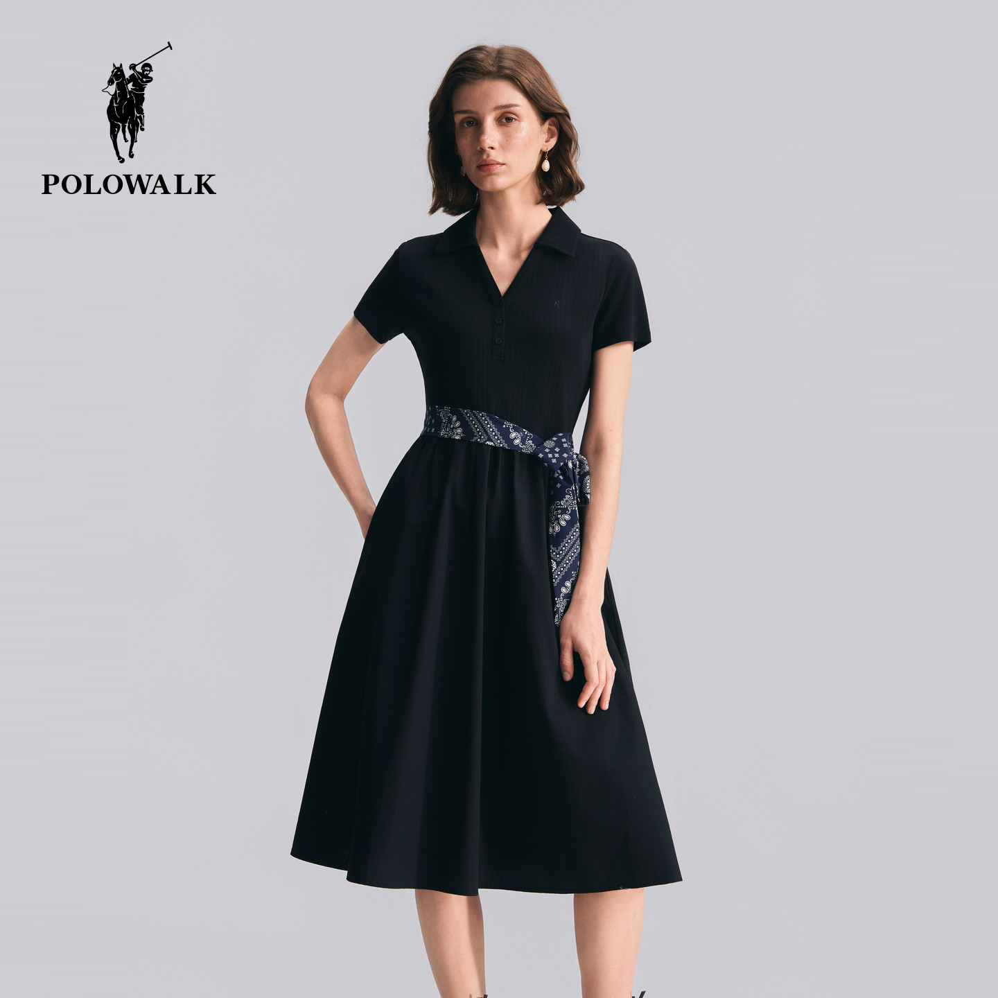 POLOWALK女式短袖针织连衣裙2026夏季优雅百褶显瘦翻领连衣裙