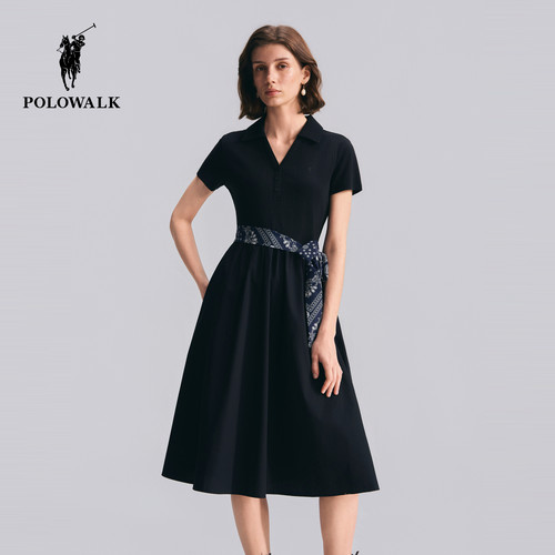 POLOWALK女式短袖针织连衣裙2026夏季优雅百褶显瘦翻领连衣裙