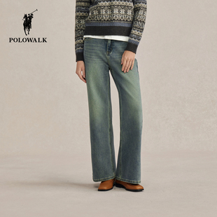 潮流复古直筒棉弹阔腿牛仔长裤 POLOWALK女式 新品 2025秋冬裤 牛仔裤