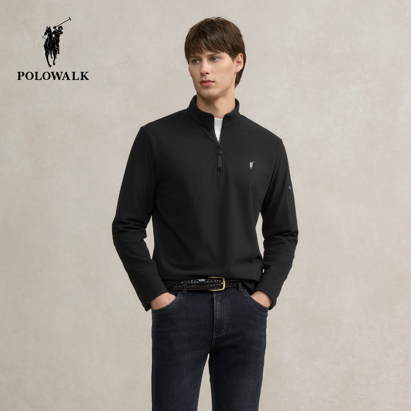 POLOWALK男式长袖T恤男装2025秋冬新品百搭半高领挺括套头上衣男