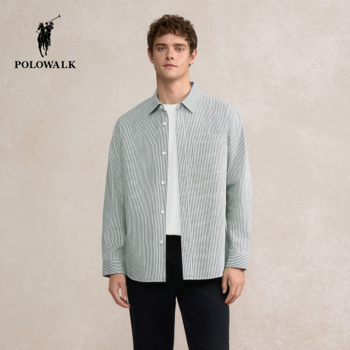【100%棉】POLOWALK男装长袖衬衫2026春季新品条纹翻领衬衣男式
