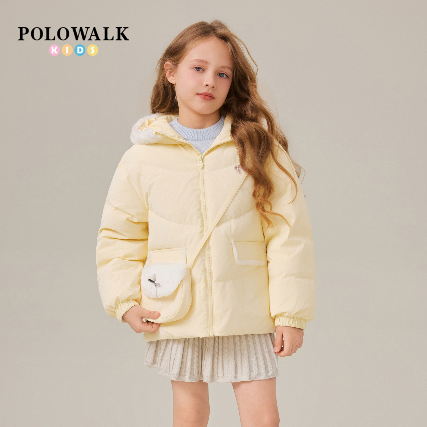 POLOWALK童装女童羽绒服2025冬季新品时尚保暖90鸭绒连帽羽绒外套
