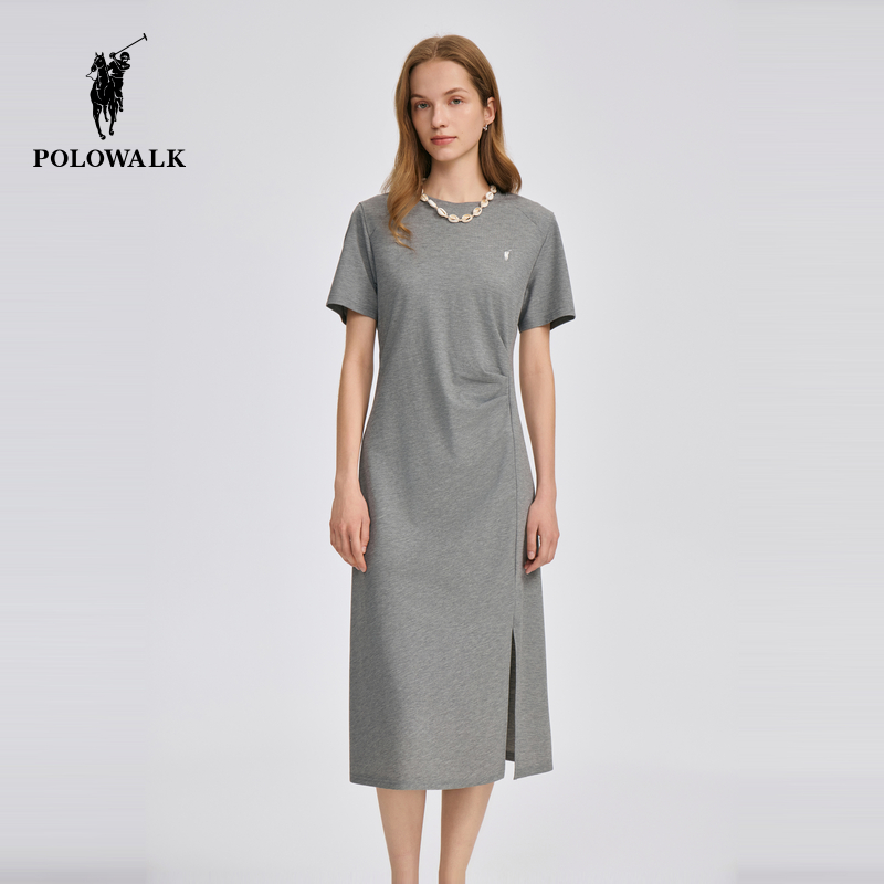 POLOWALK女式短袖针织连衣裙2025夏季新品百搭中长裙女装