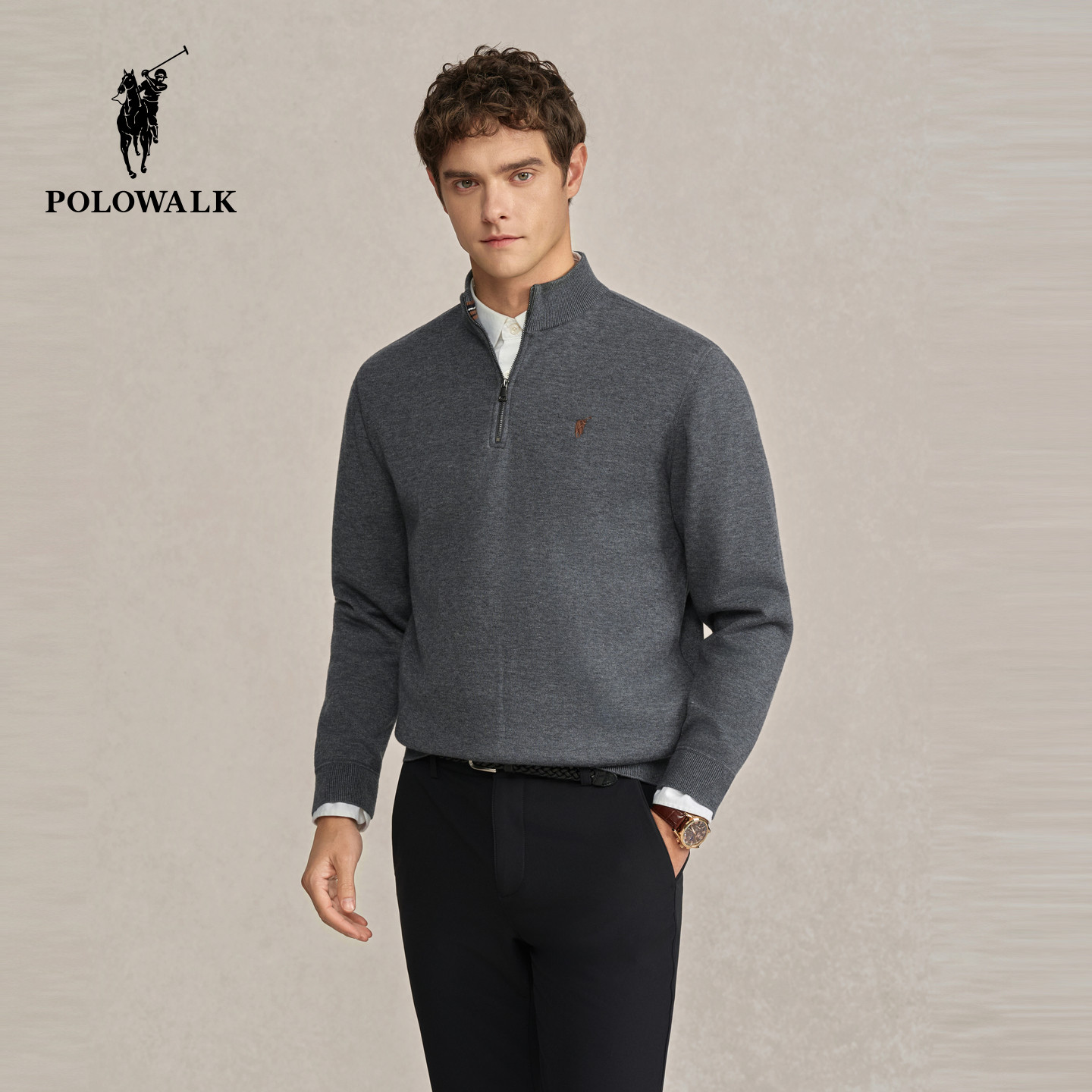 POLOWALK男式针织衫2025冬季新品绅士风经典半拉链套头加绒针织衫,男装,针织衫/毛衣,淘宝优惠券,粉丝福利购,淘宝优惠卷