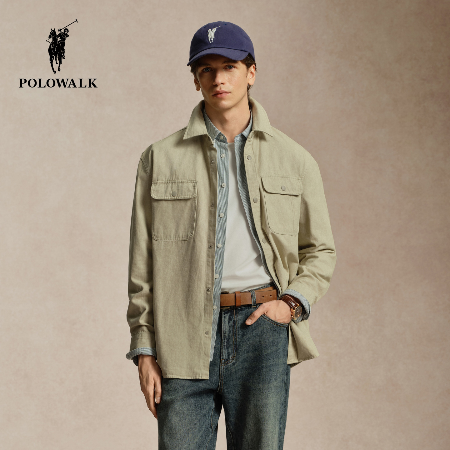 【100%棉】POLOWALK男式长袖衬衫2026秋季新品翻领休闲衬衣外套