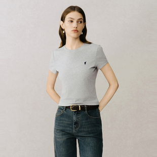 POLOWALK女式圆领短袖T恤夏季简约时尚打底修身纯色短袖t恤女