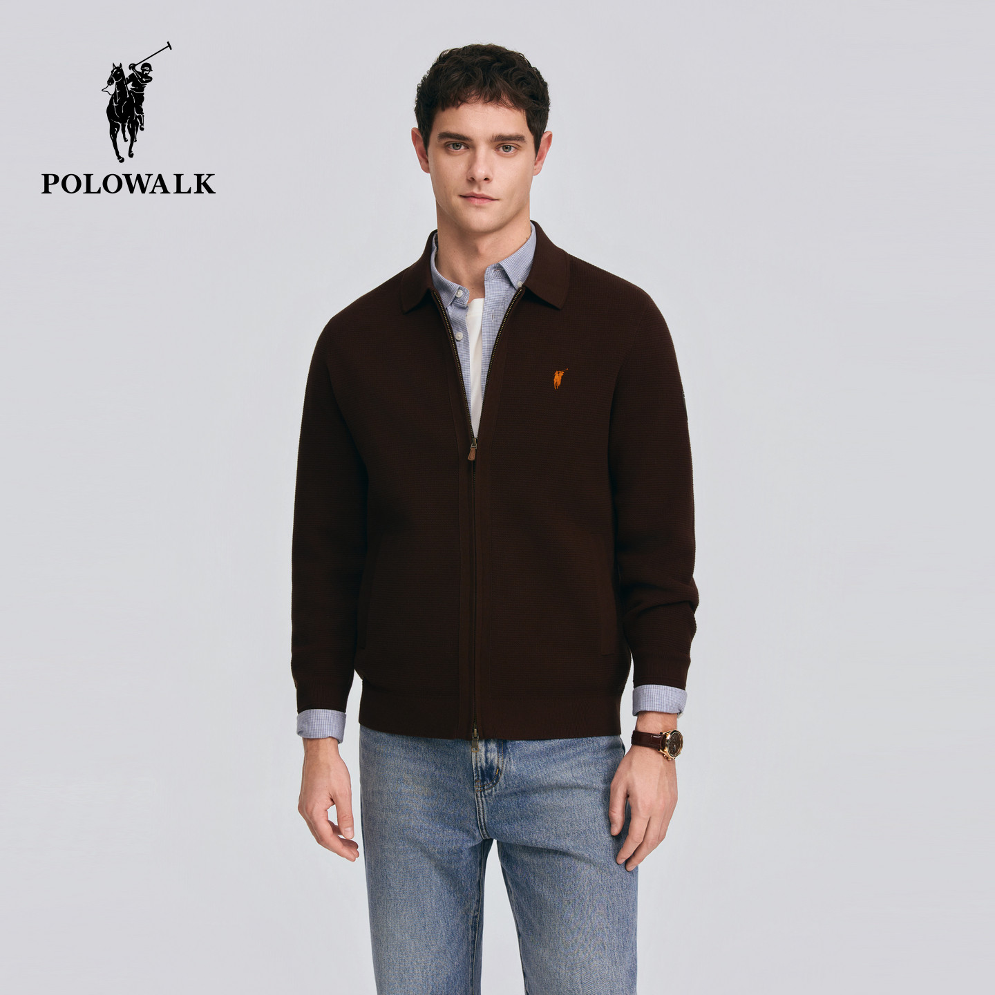POLOWALK男式针织衫2026春季新品男装翻领双拉链休闲通勤针织开衫