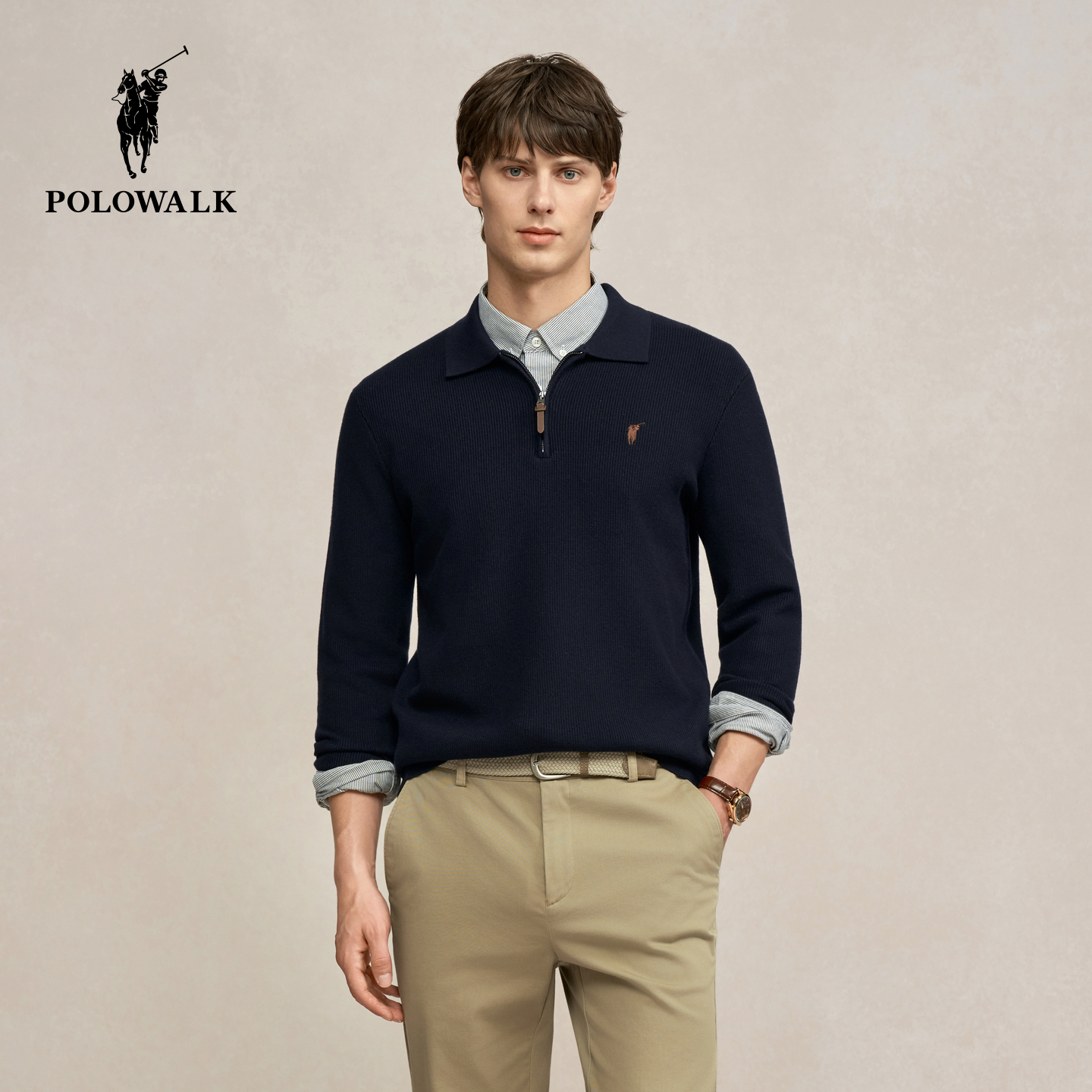 POLOWALK男装针织衫2025秋季新品百搭半拉链翻领套头上衣打底衫男