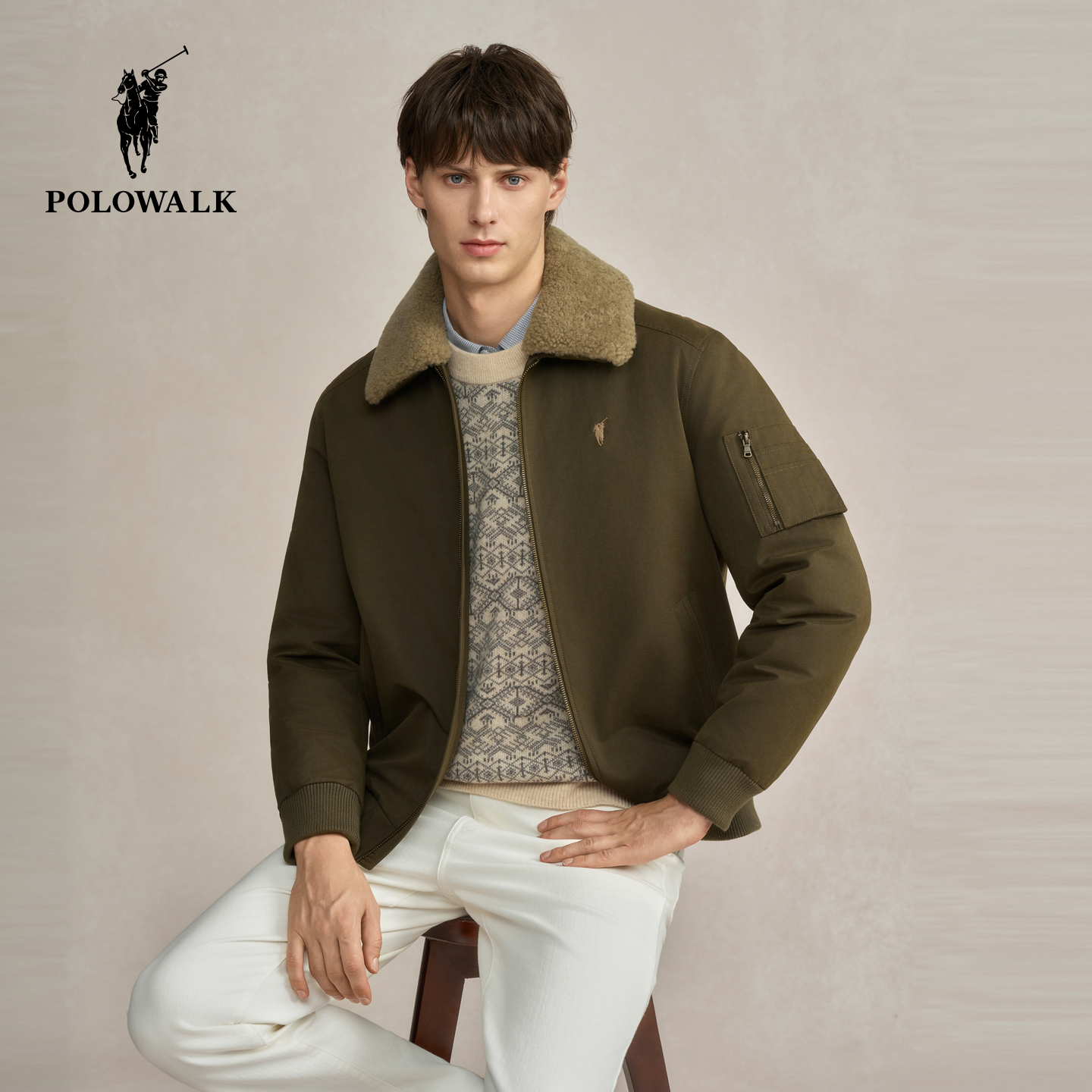 POLOWALK男式羽绒服2025冬季新品复古90鸭绒羊羔毛翻领休闲外套男