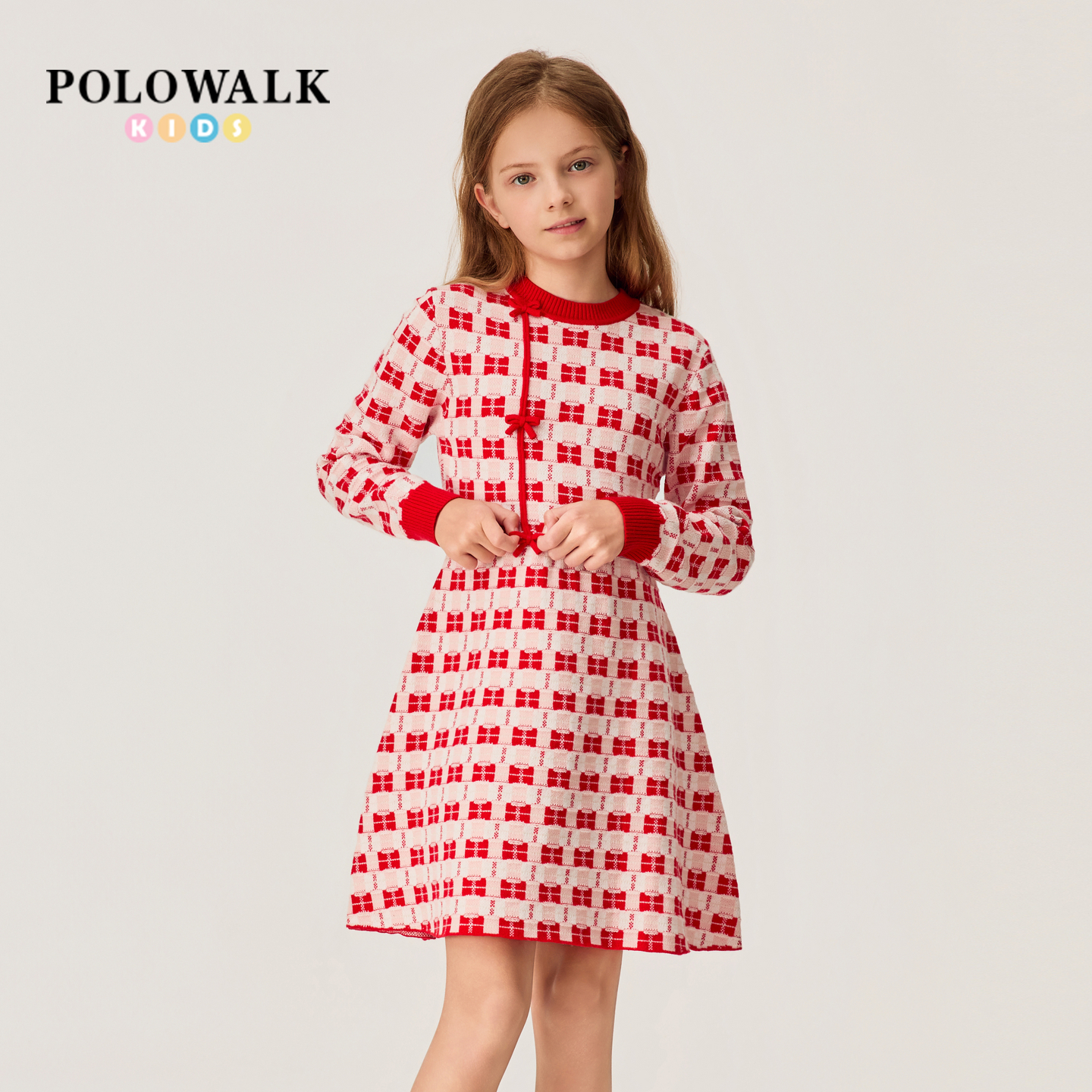 【新年款】POLOWALK女童长袖连衣裙2026新品时尚提花红色连衣裙