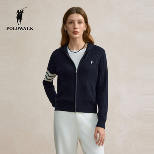 新品 POLOWALK女式 2025秋季 长袖 连帽拉链撞色上衣外套 针织衫