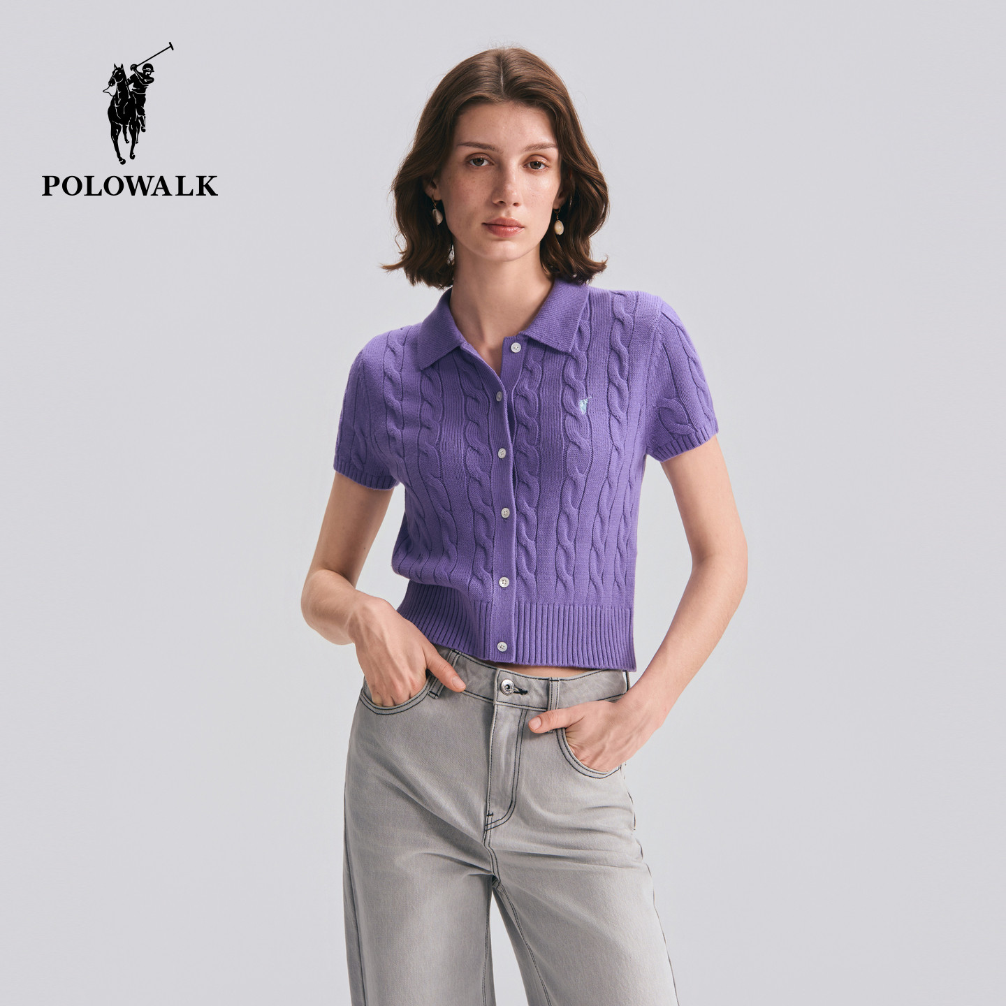 POLOWALK女式短袖针织衫2026早秋新品时尚绞花显瘦短袖针织开衫