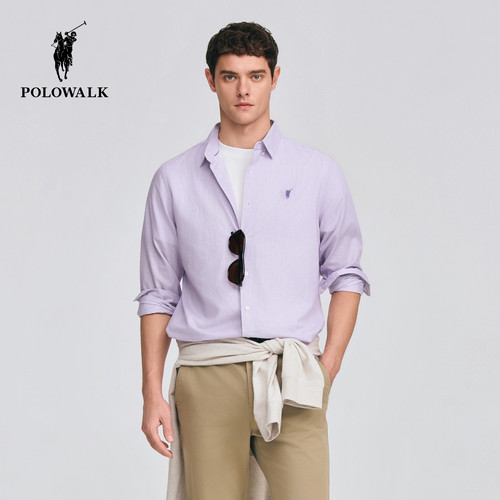 POLOWALK纽扣领细条纹长袖衬衫