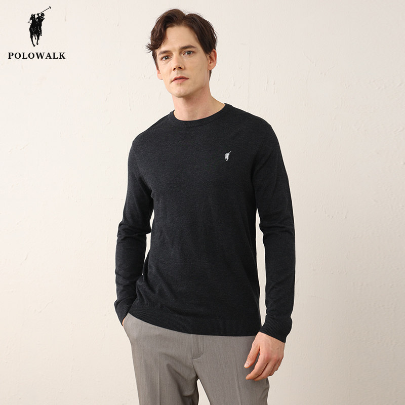 POLOWALK男士圆领针织衫秋冬百搭纯色打底衫男时尚套头毛衣内