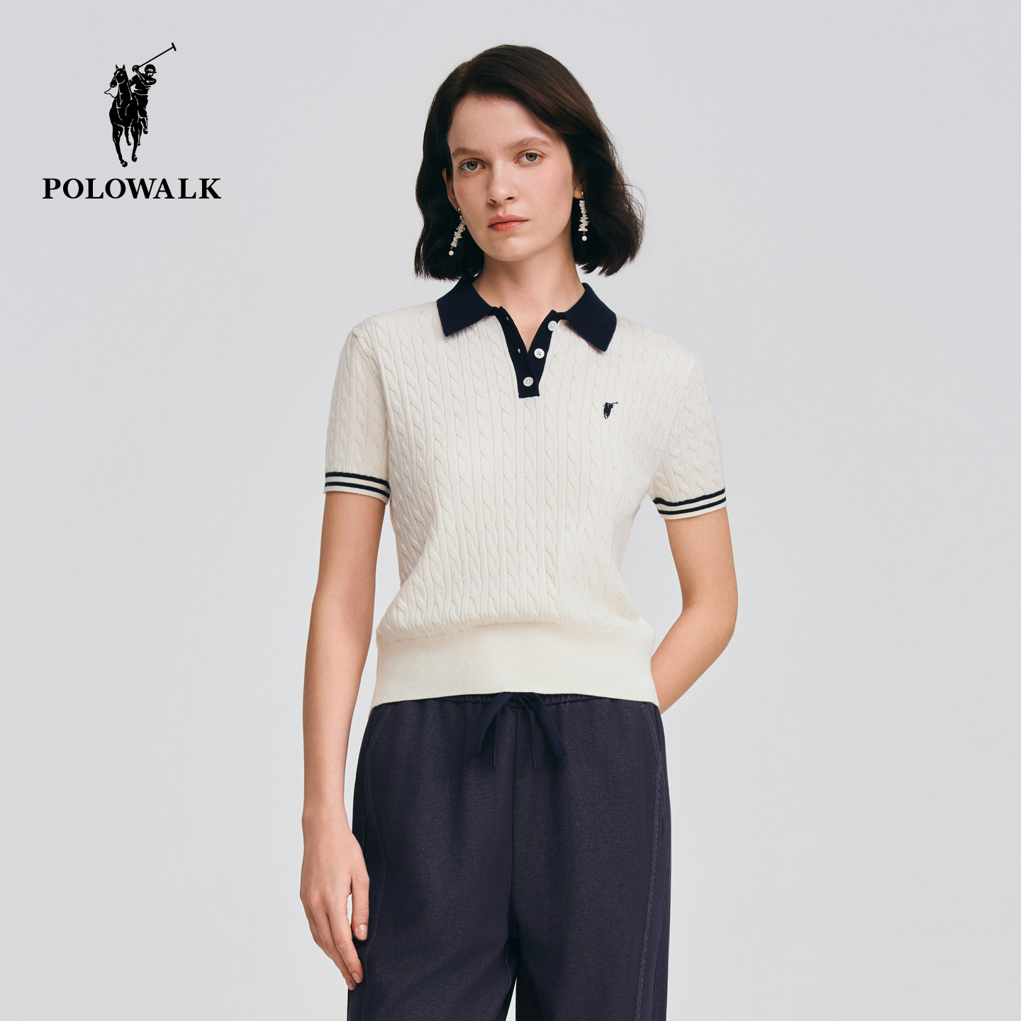 POLOWALK短袖针织衫女式2026春夏新品撞色时尚绞花百搭polo衫T恤