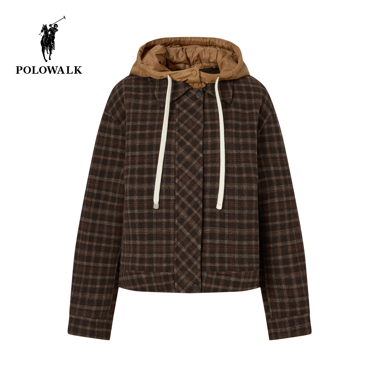 【含绵羊毛】POLOWALK女式大衣2025秋季新品复古格纹通勤连帽外套