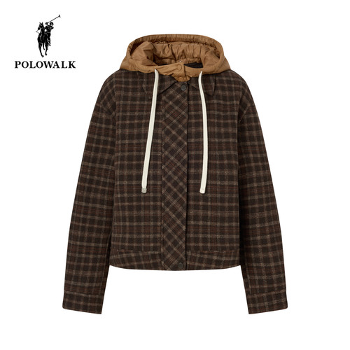 【含绵羊毛】POLOWALK女式大衣2025秋季新品复古格纹通勤连帽外套
