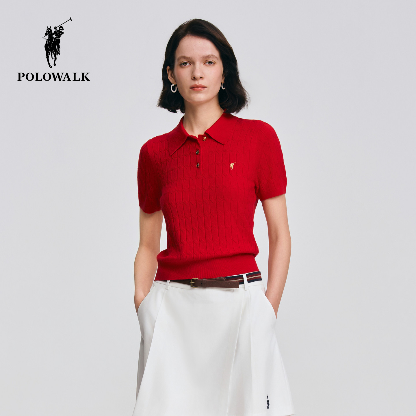 POLOWALK女式短袖针织衫2026春夏新品翻领绞花红色短袖套头针织衫