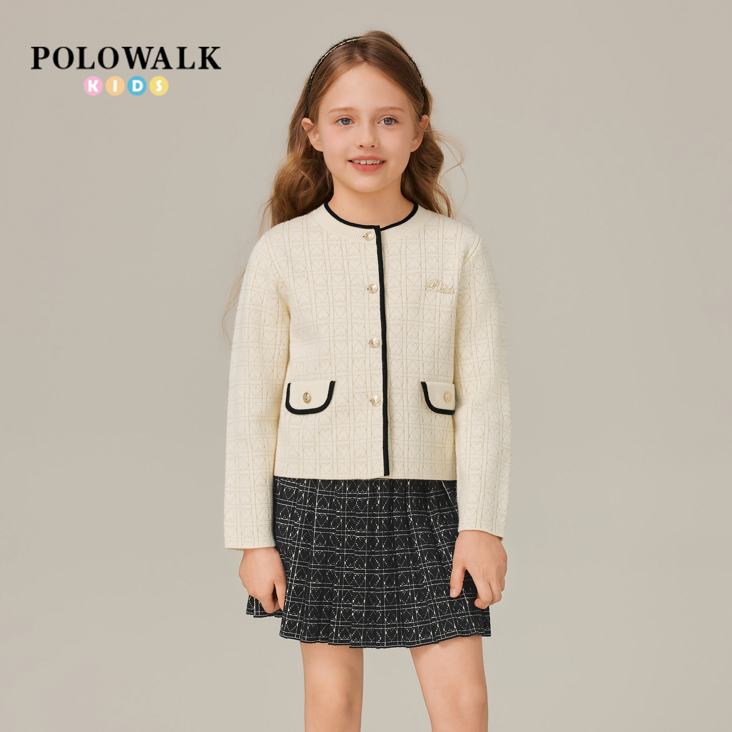 POLOWALK童装女童长袖套装2025新品时尚包边撞色毛织儿童套装大童