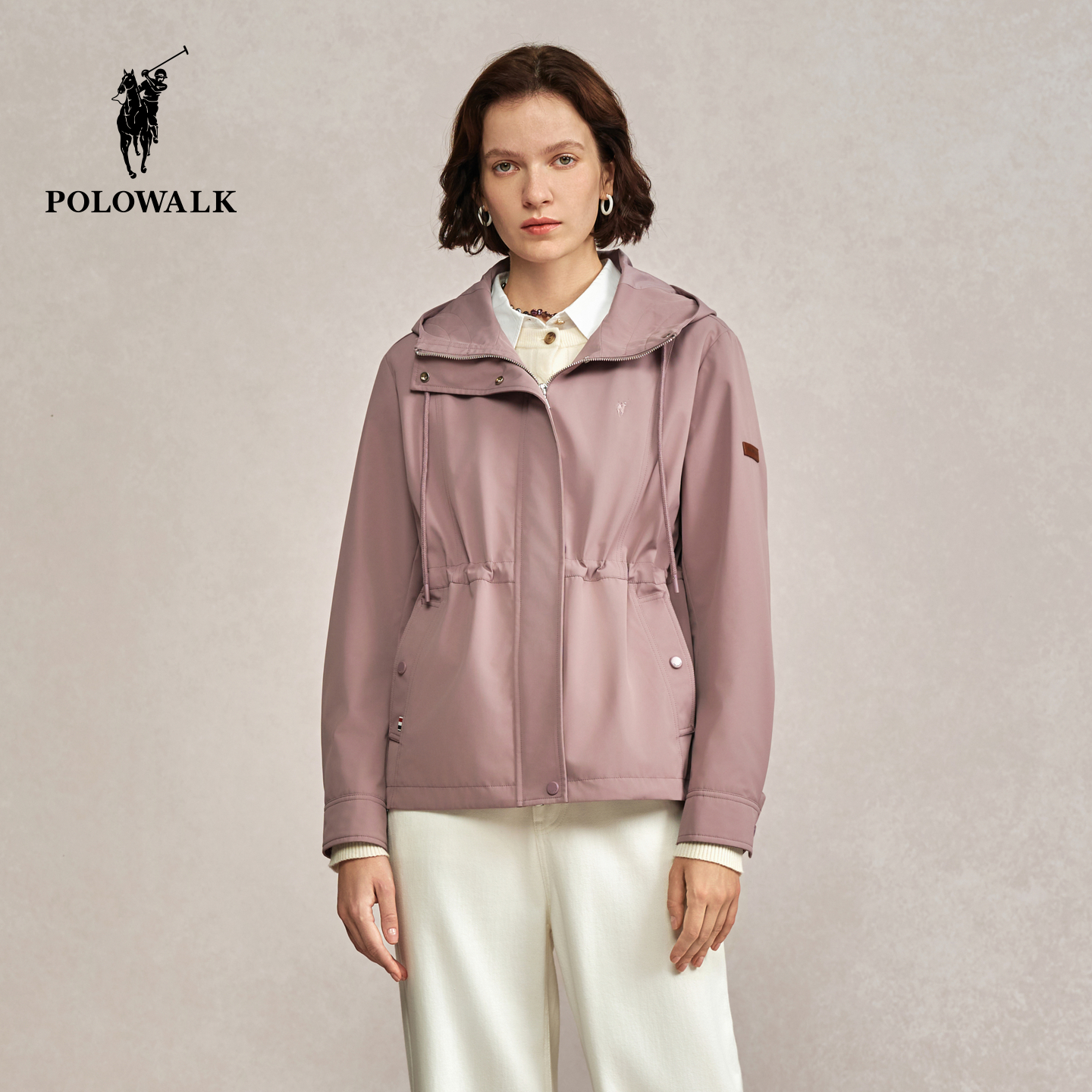POLOWALK女式外套2025秋季新品女装纯色百搭收腰显瘦休闲连帽外套
