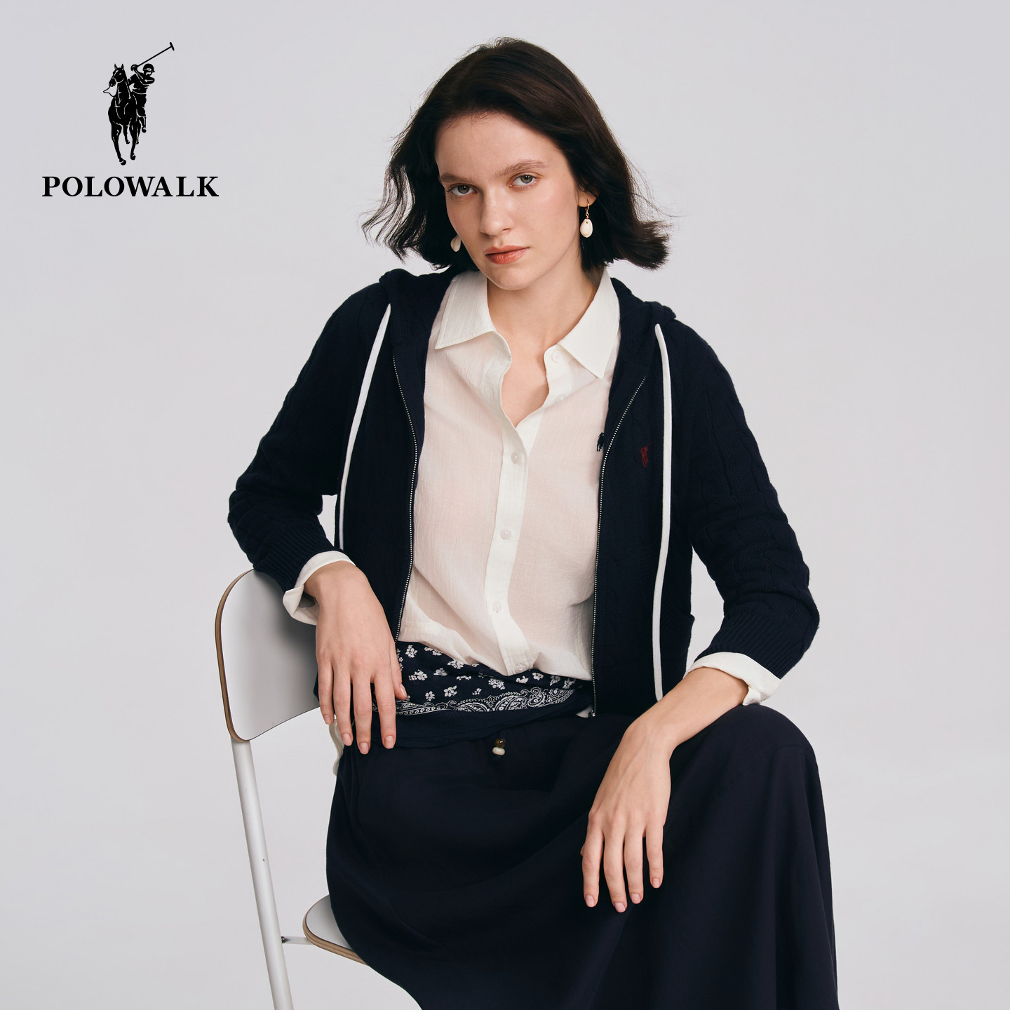 POLOWALK女式长袖针织衫2026春季新品连帽绞花撞色抽绳针织开衫