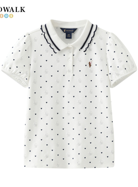 POLOWALK童装新品夏季女童短袖T恤白色翻领T恤爱心印花上衣可爱
