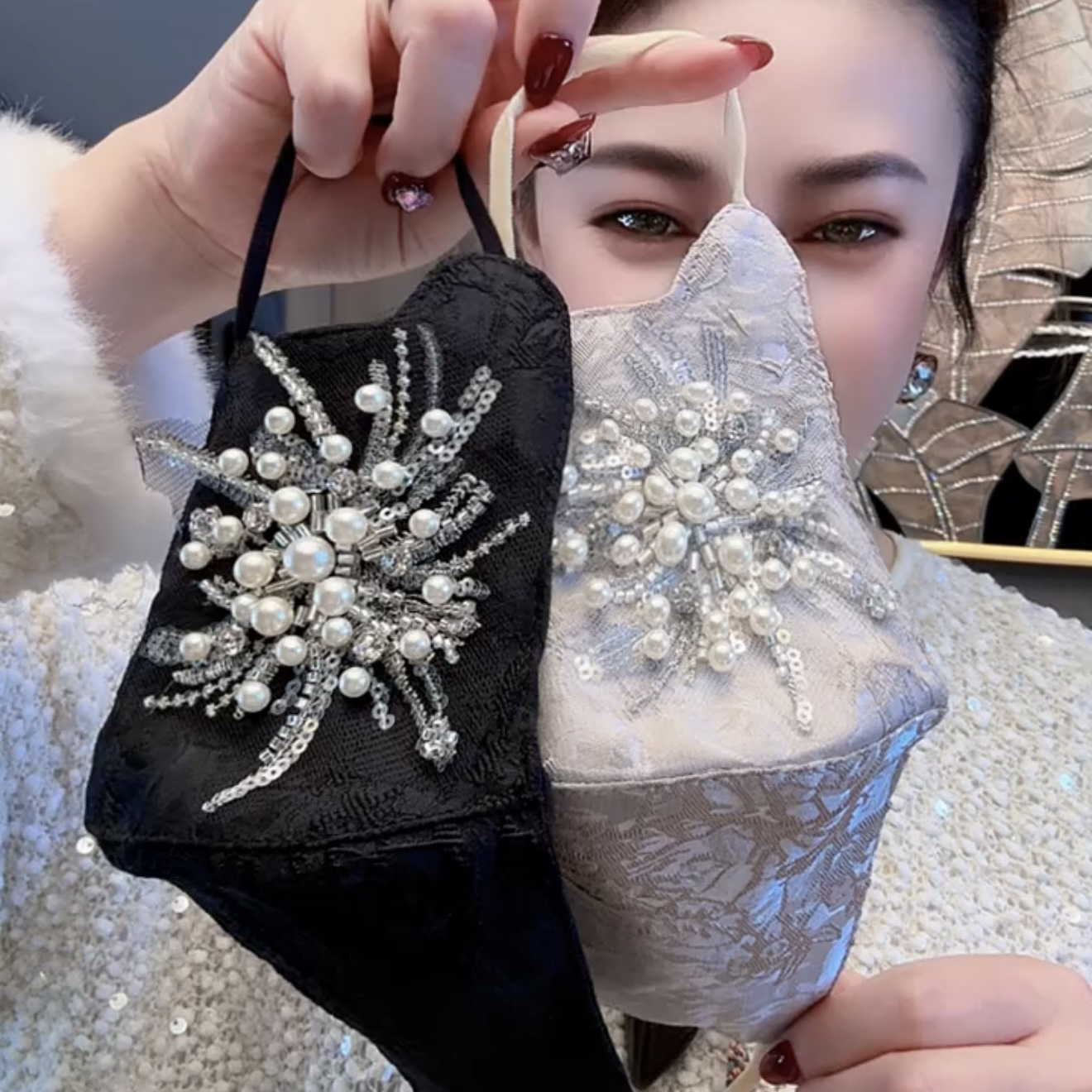 国风上新秋冬重工珍珠花装饰口罩透气可调节可水洗立体护眼角女士