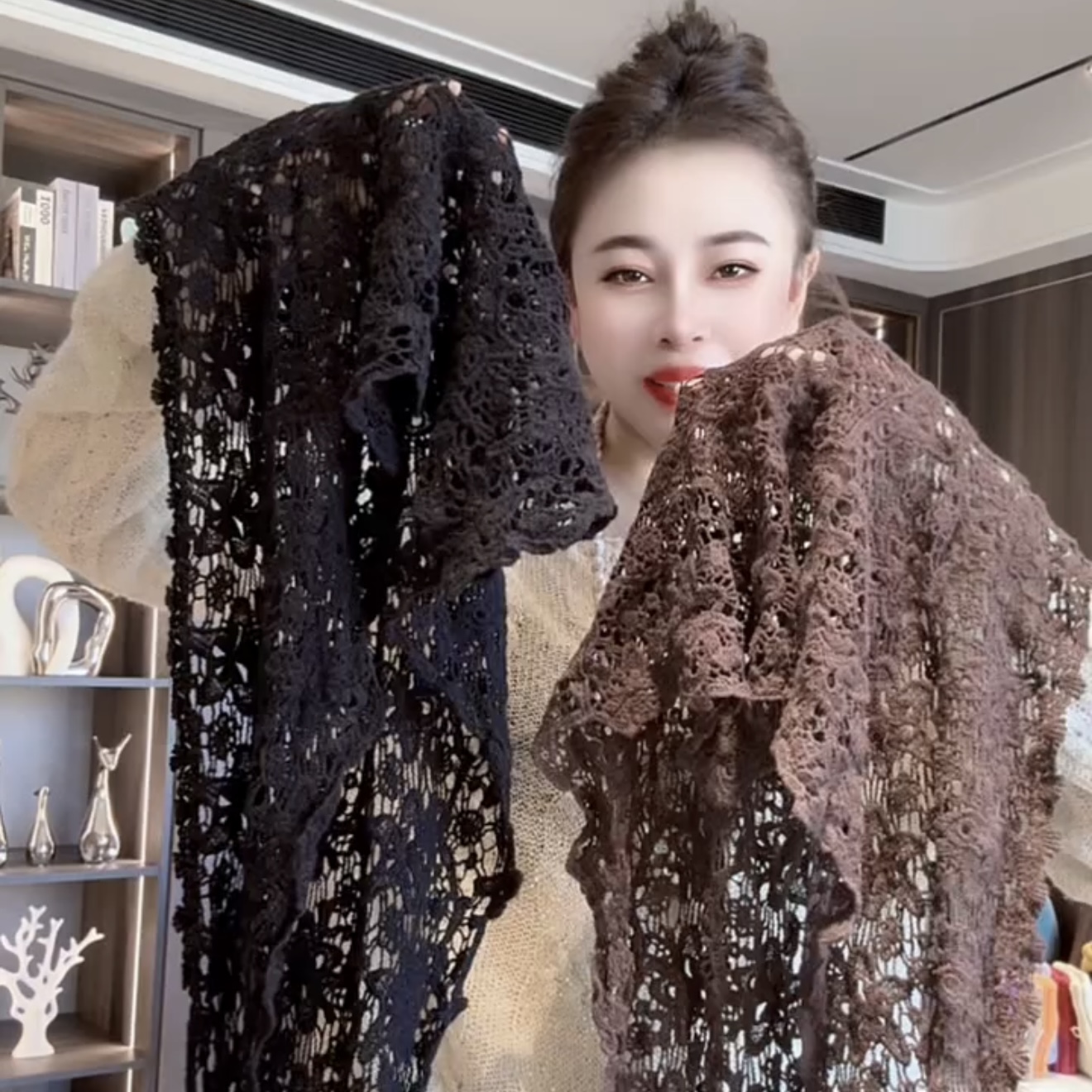 棉质蕾丝镂空钩花护颈三角围巾女森系韩版百搭办公室小披肩出游