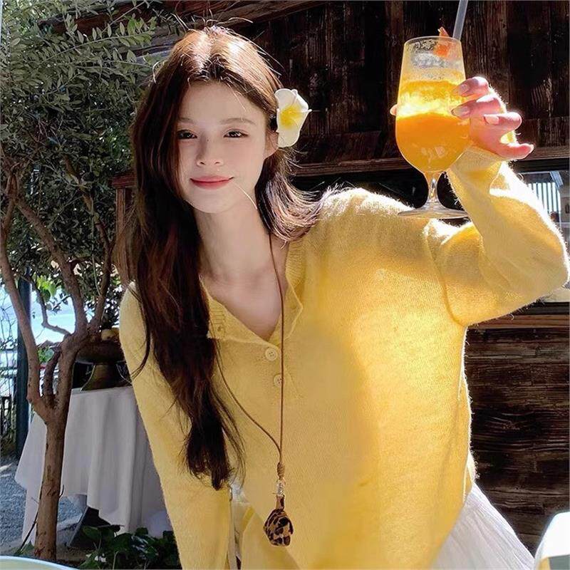 港风黄色冰丝卷边微透针织防晒罩衫女春夏薄款宽松百搭多巴胺上衣