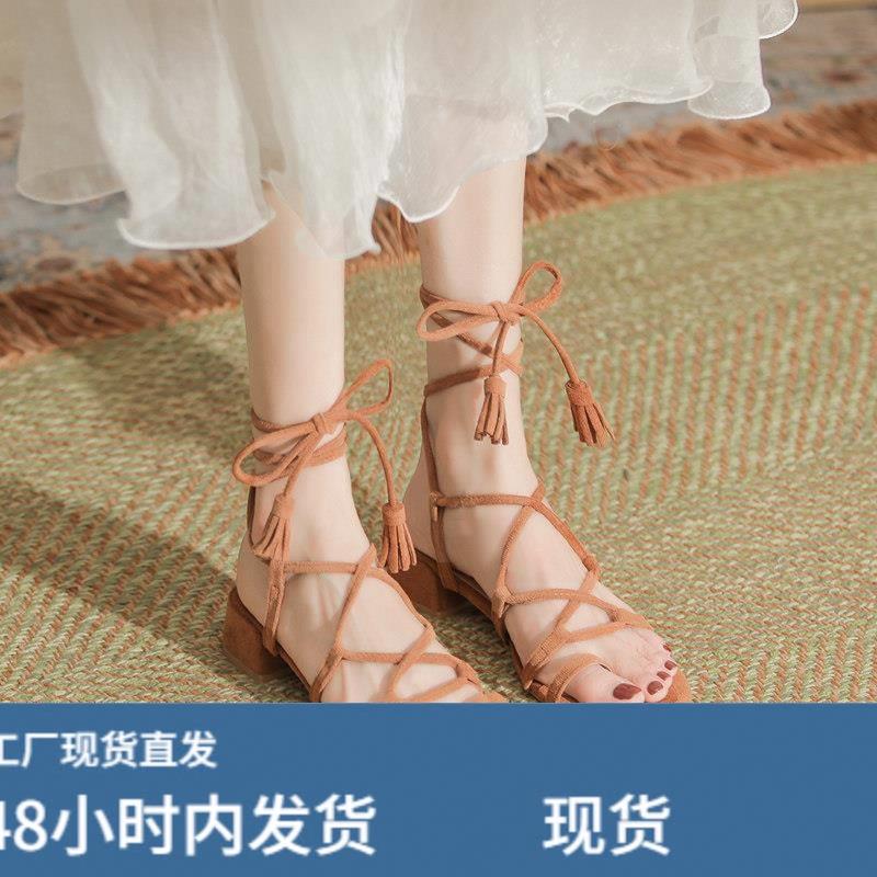 波西米亚凉鞋女款夏季低跟棕色罗马交叉绑带小众粗跟绕腿夹0519k图片