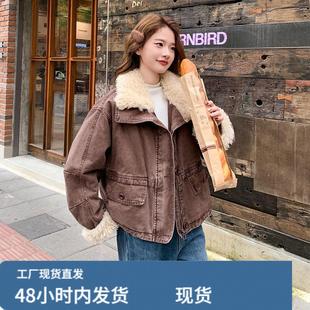 羊羔毛拼接咖色牛仔羽绒服女冬超火好看高级小众酷飒短款加厚外套