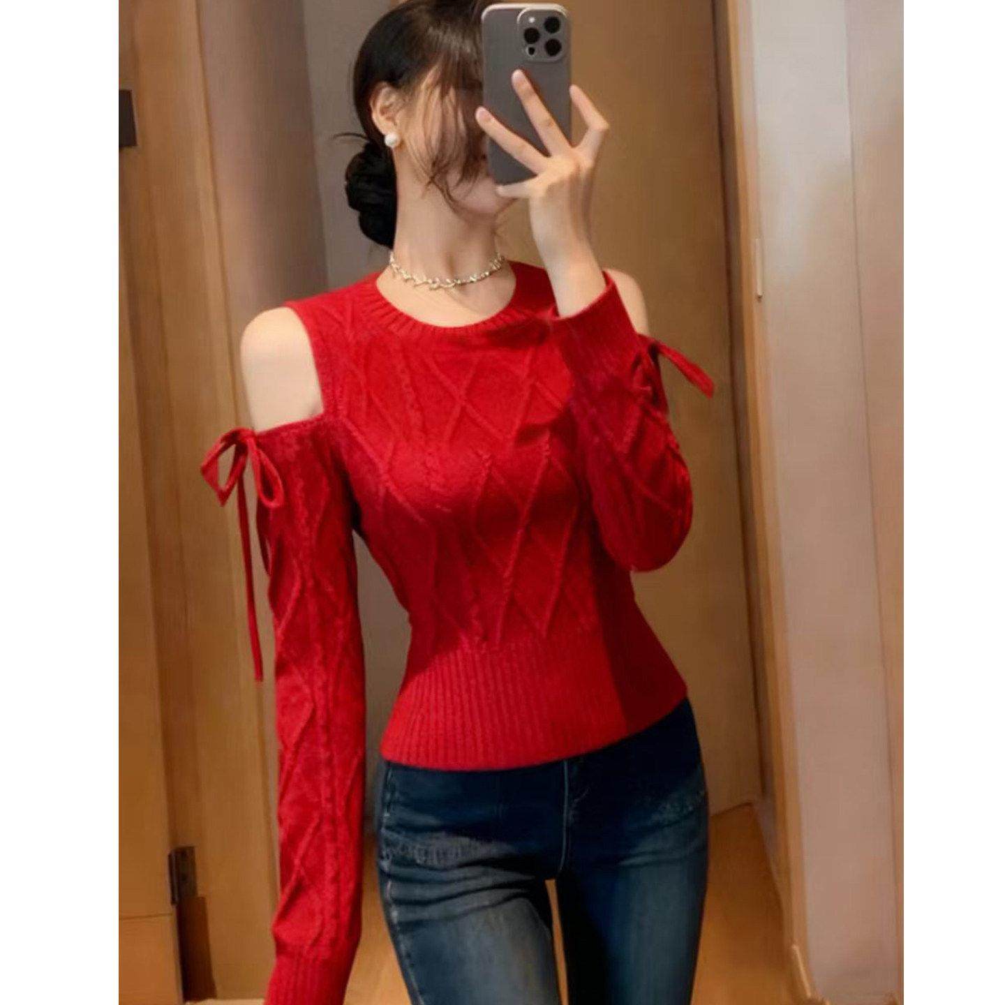 法式优雅绝美红色圆领露肩长袖毛衣针织衫女秋冬款设计感轻奢上衣,孕妇装/孕产妇用品/营养,套装,淘宝优惠券,粉丝福利购,淘宝优惠卷