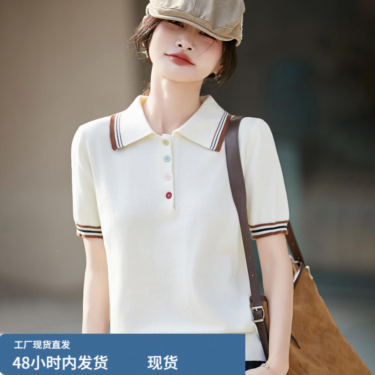 纯棉线学院风撞色polo领针织衫女短袖白色钮扣上衣通勤百搭T恤夏