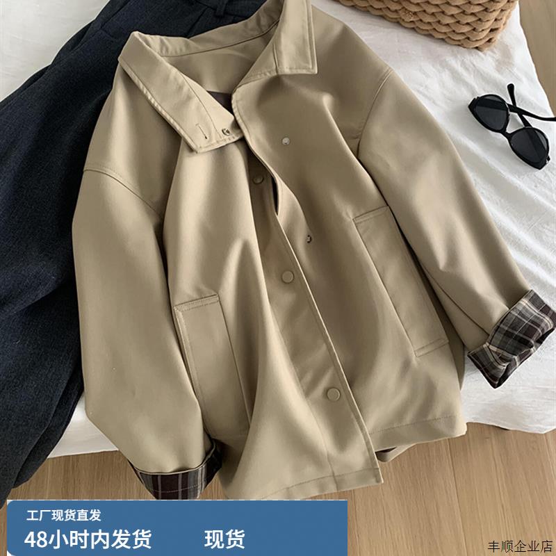 CHAO级推荐浅卡其色立领按扣中长款风衣女秋季韩版百搭长袖外套