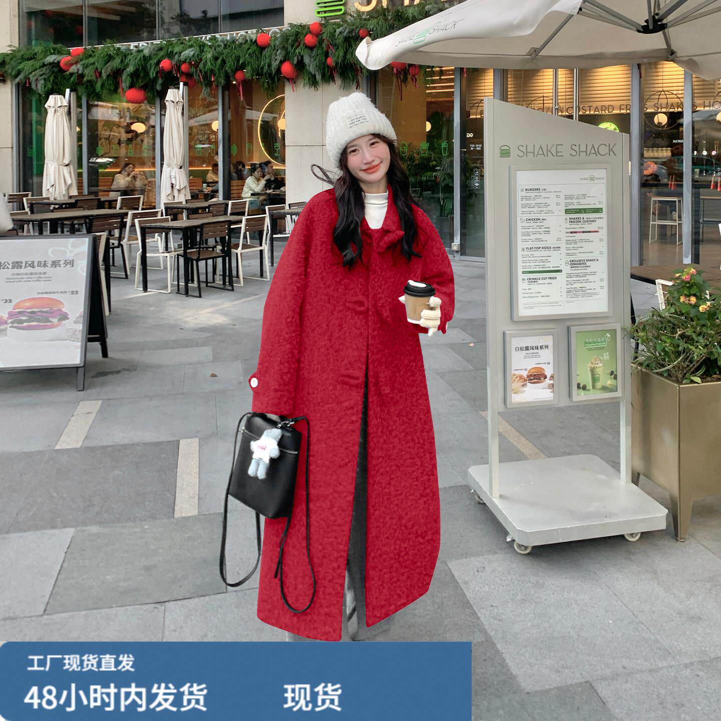 安可拉红色长版夹棉毛呢大衣2025新款女冬皮毛一体棉服呢子厚外套