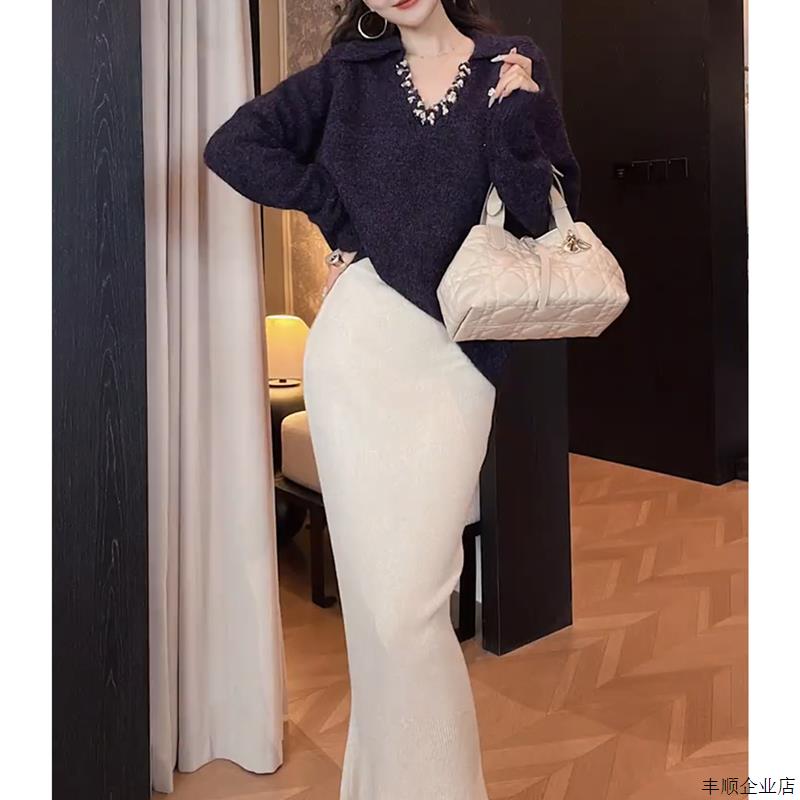 秋季法式慵懒松弛感穿搭高级感巨好看轻熟绝美紫色毛衣连衣裙套装