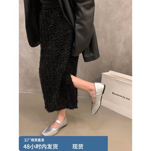 内增高方趾银色玛丽简平底女鞋2025新春秋季法国小皮鞋晚鞋