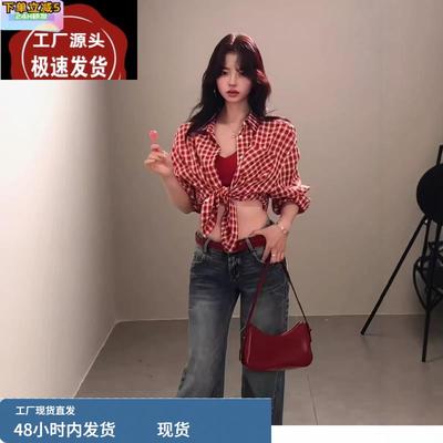 红色格子长袖防晒衬衫女夏韩系chic开衫慵懒风宽松显瘦松弛感上