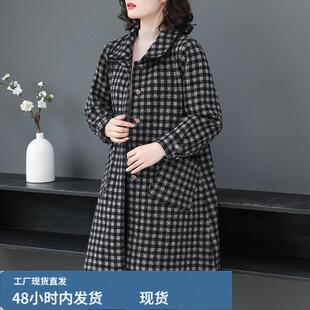 秋冬双麵羊戎大衣胖mm大码女装中长款真帜芼呢外套女士千鸟格风衣