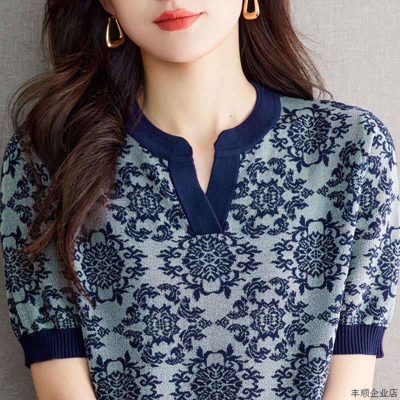 胖mm大码女装提花妈妈装薄款冰丝短袖T恤针织衫夏装新款天丝小衫