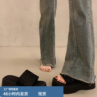 法式坡跟凉拖鞋女夏季外穿高级感配裙子2026新款黑色增高厚底拖鞋